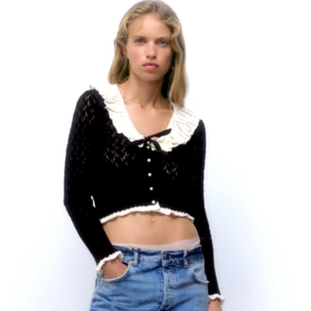 Zara collar ruffled knit cardigan